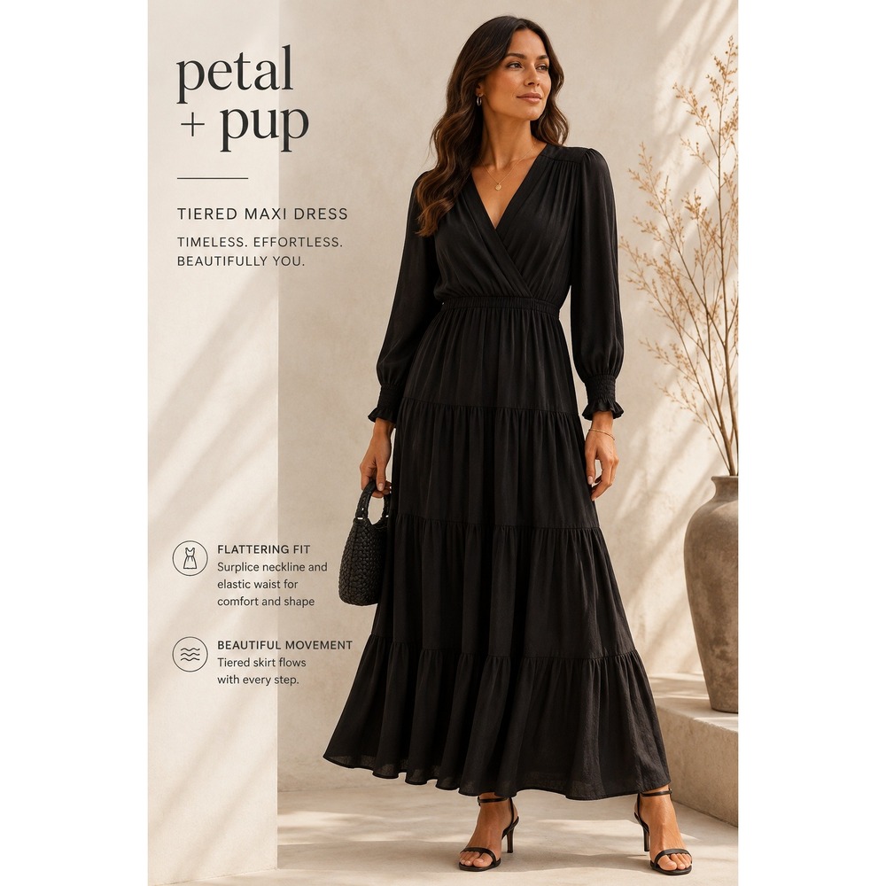 Petal and Pup Black Tiered Maxi Dress Long Sleeve V-Neck Pleated Size 4